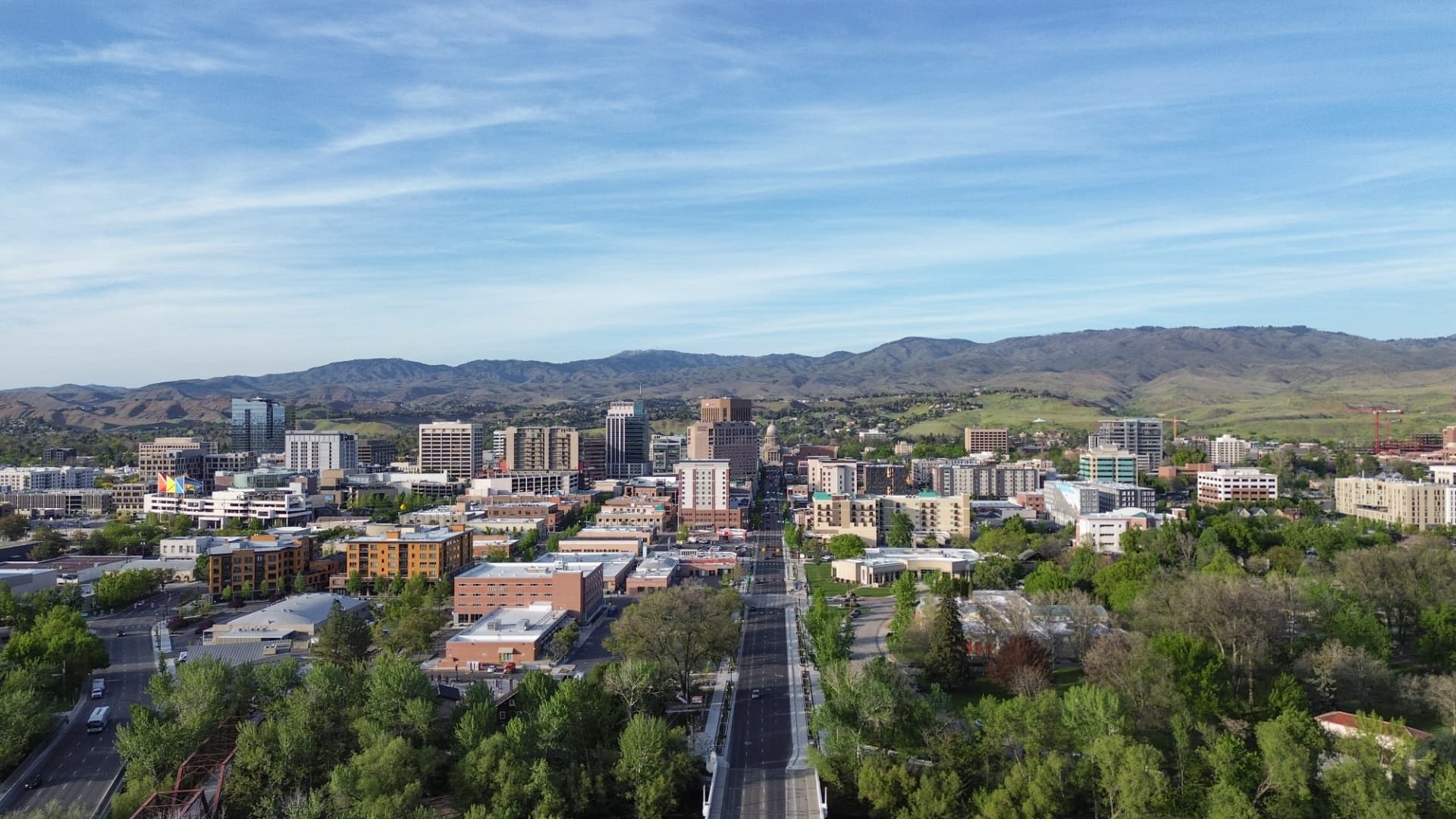 Boise, Idaho seen from above with the foothills behind downtown